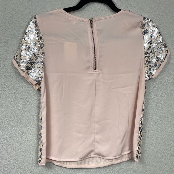 NWT Pleione Sequin Sparkle Short Sleeve Blouse Top Party Pink Silver Sz XSP - Picture 4 of 8